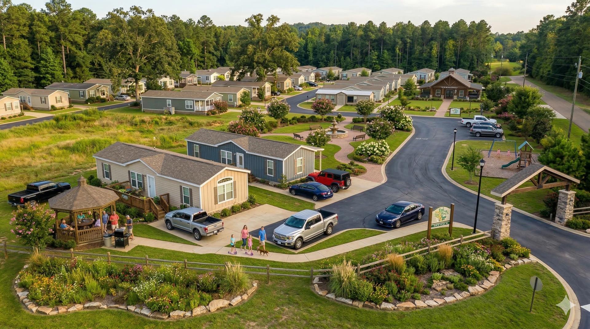 East Texas mobile home community with green lawns and happy families